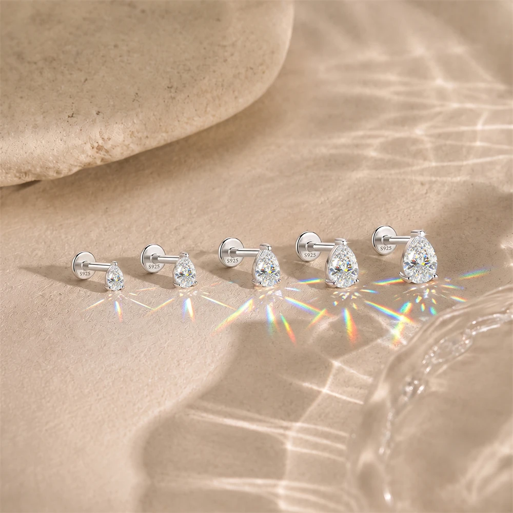 AIDE Pear-shaped Sparkling Moissanite Women's Multi Size Flat Back Cartilage Piercing 925 Sterling Silver Attached Certificate