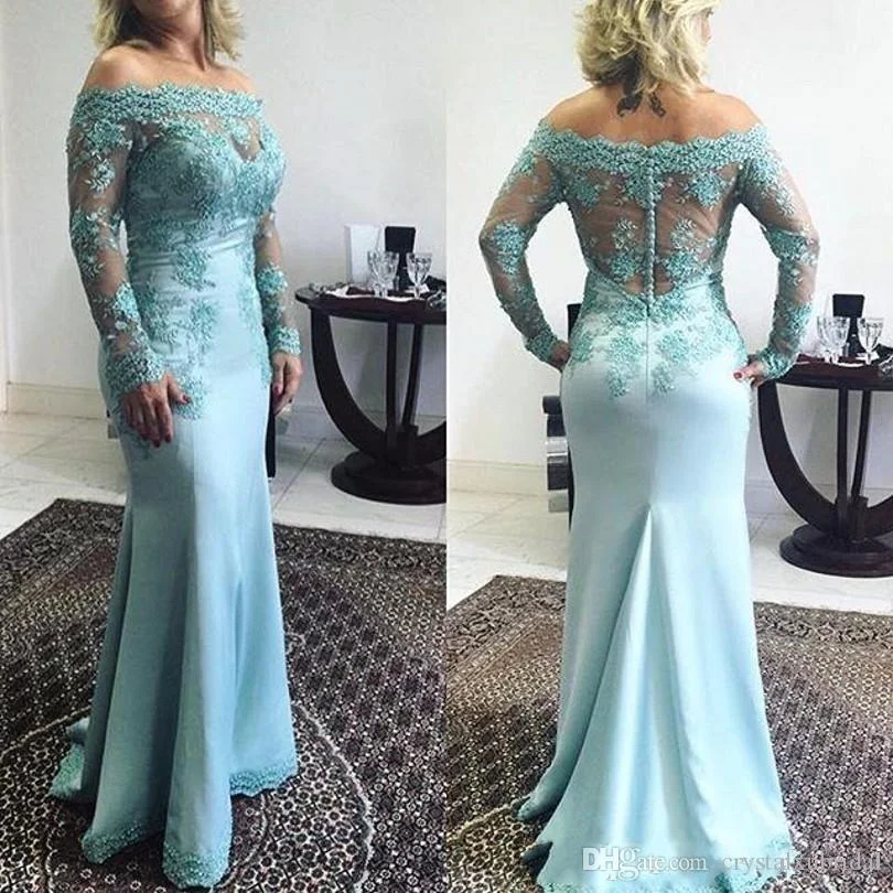 Blue Lace Off Shoulder Long Sleeves Prom Dresses Mermaid Perspective Decal Evening Dresses Party Gowns vestidos de noche 2023