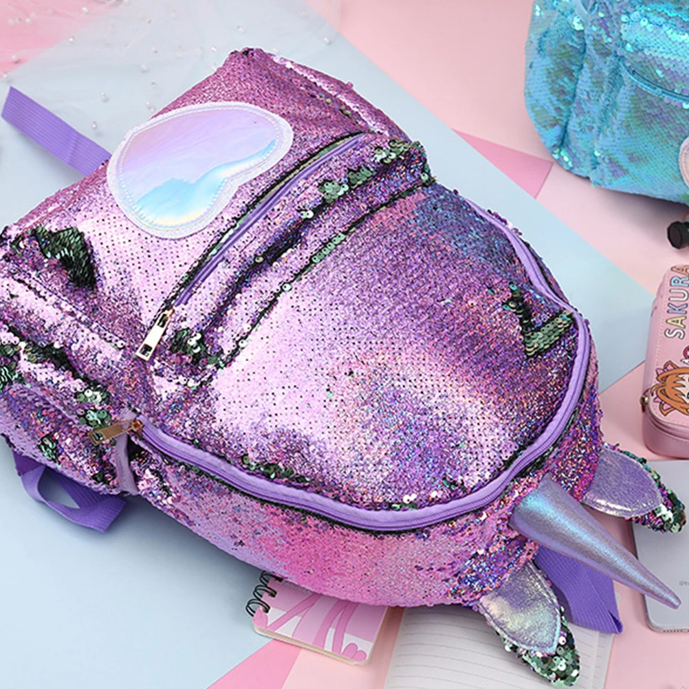 Sequin Backpack Purple Cartoon Unicorn Schoolbag Large Capacity for Women Student Book Bag Sequin Backpack