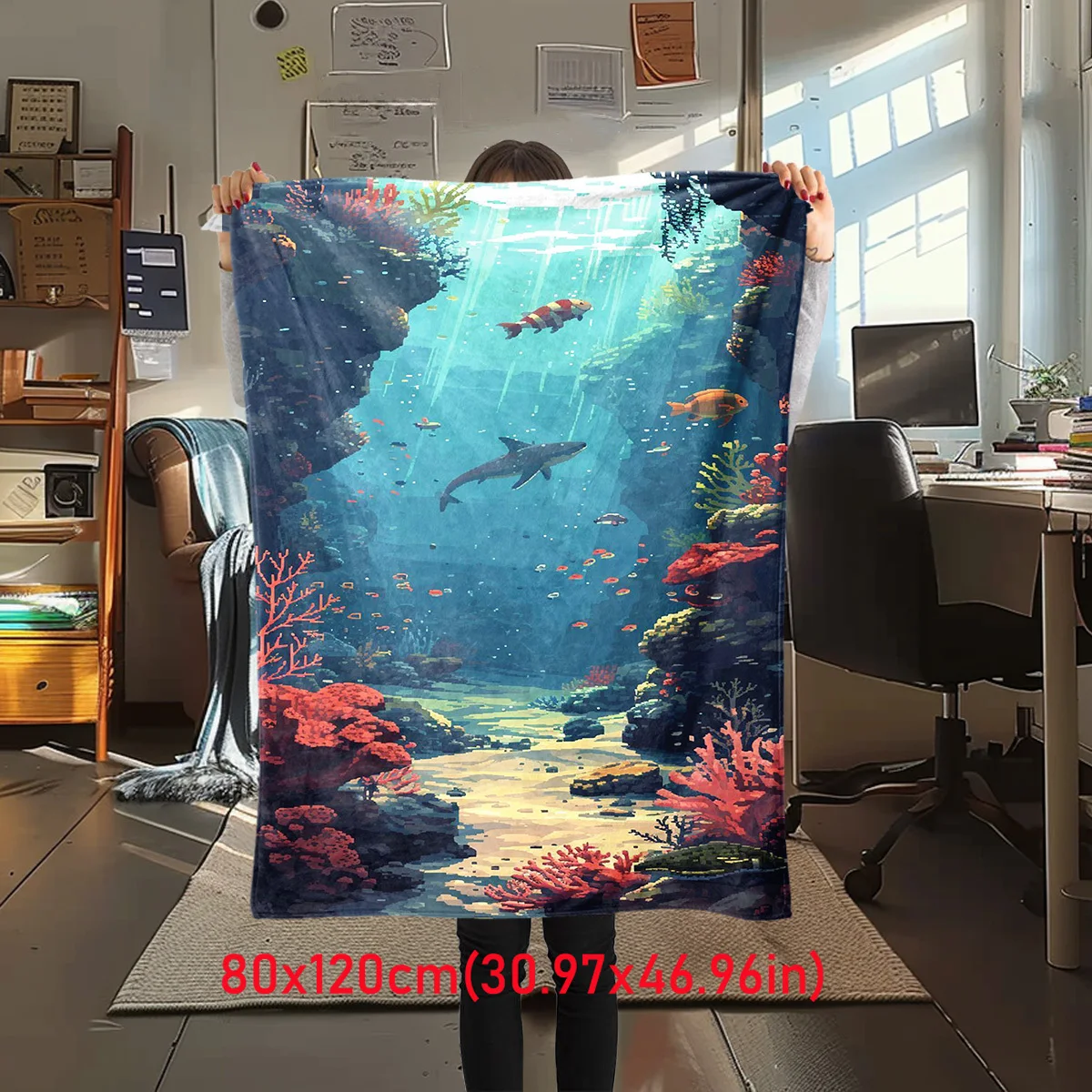 Vivid Seabed Landscape Marine Animal Pattern Flannel Fleece Blanket Warm Plush Bed Throw for Living Room Office Travel Household