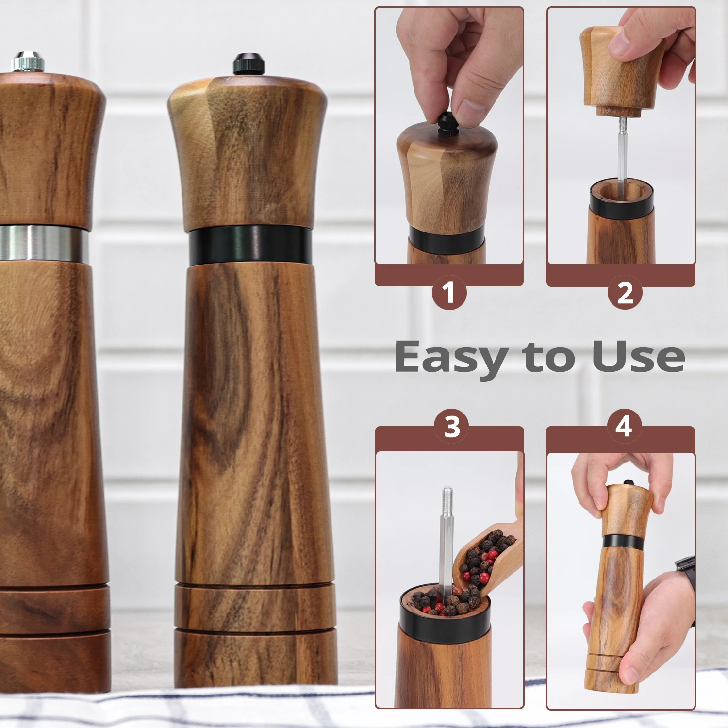 Pepper Grinder, 1pc Wood Salt and Pepper Grinder Mills Sets (included a spare ceramic and brush), Salt Shakers for your kitchen