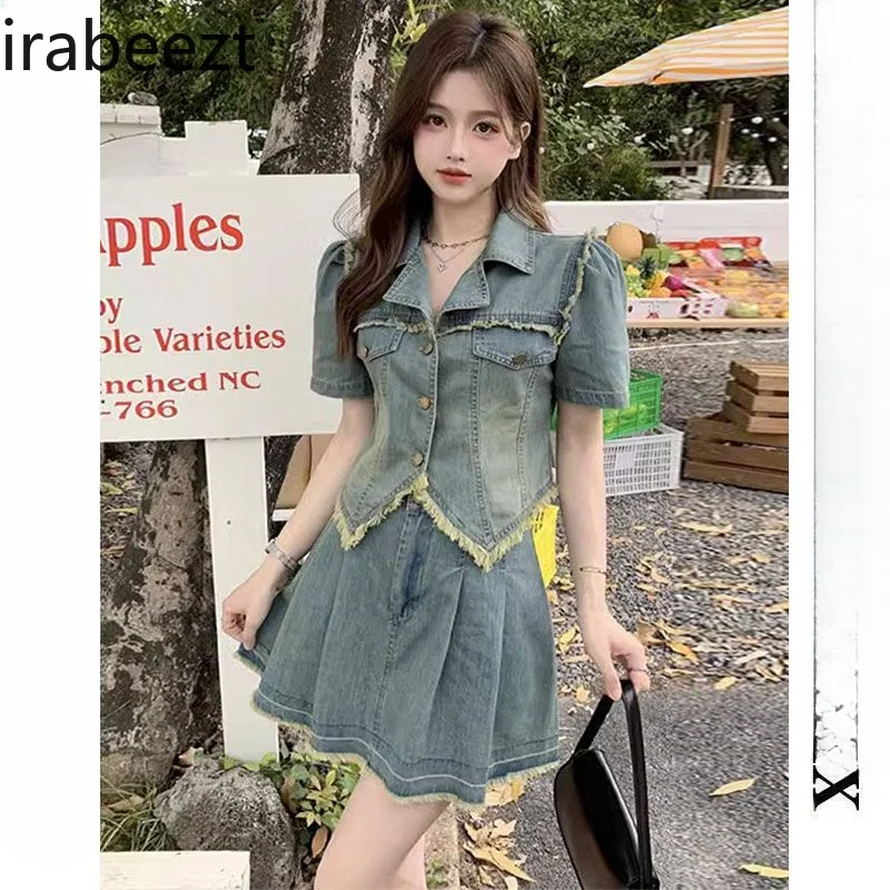 

Female Slimming Two-piece Set American Sweet and Spicy Wear Fashion Design Large Size Fat Girl Denim Skirt Suit