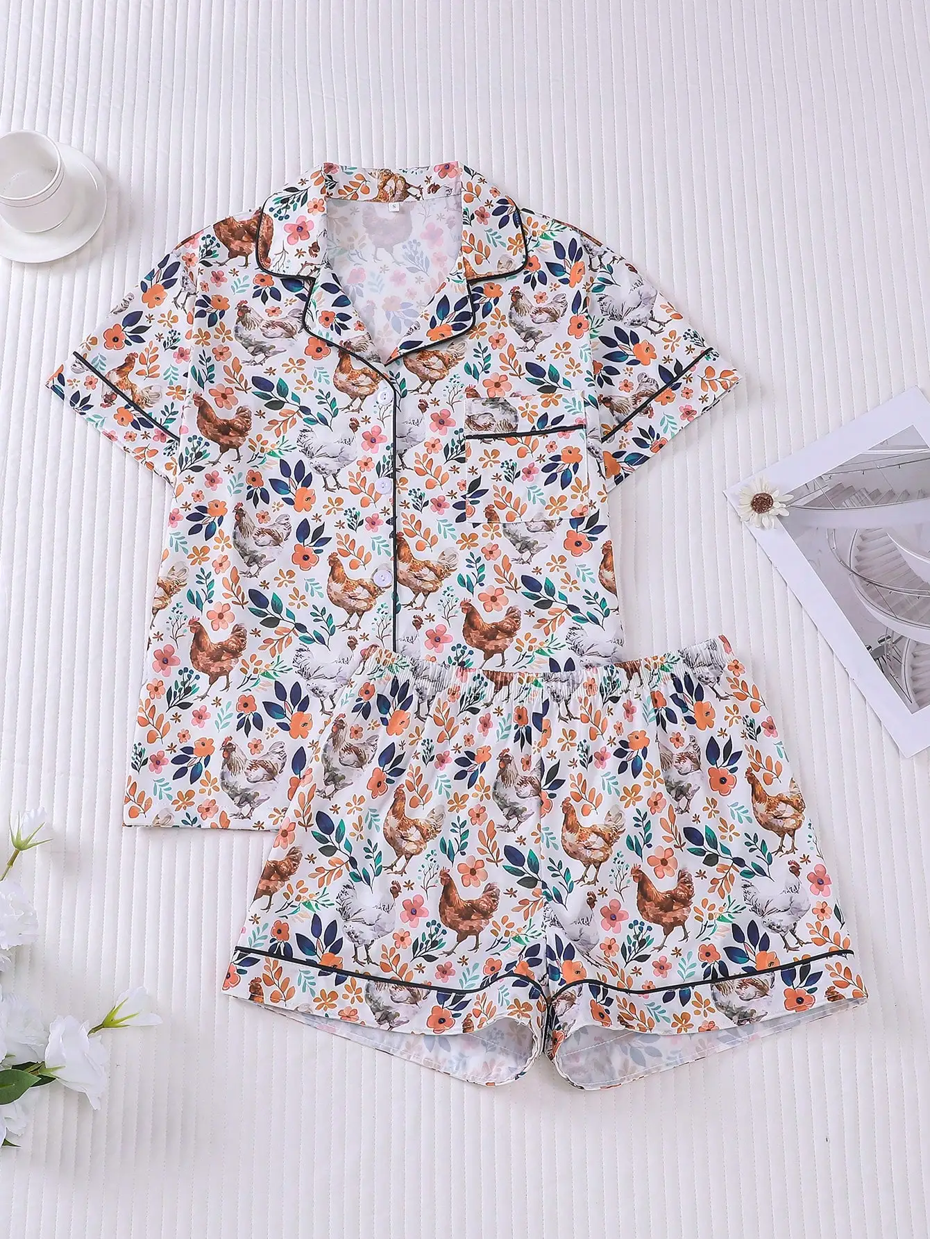 

2-Piece Women's Chicken & Floral Print Pajama Set, Button-Front Short Sleeve Top with Shorts