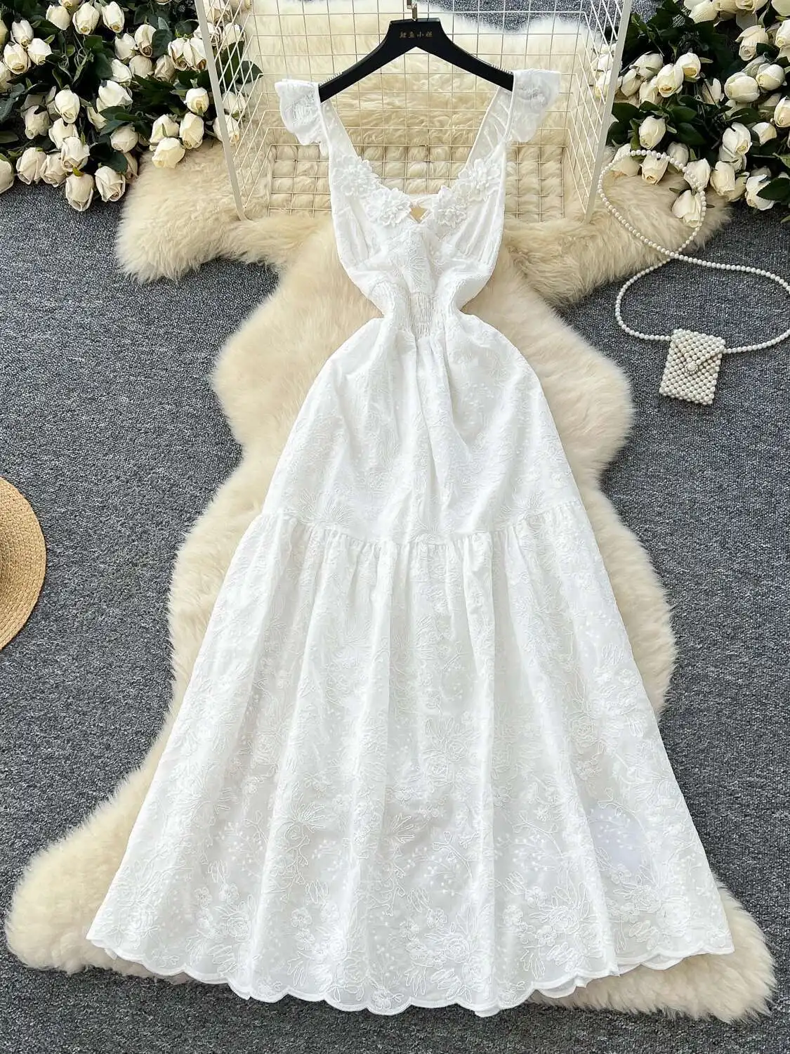 

White Beach Dress Women Summer French Embroidery Floral Boho Long Dresses Ladies Slim A-line Sleeveles V-neck Party Long Robe