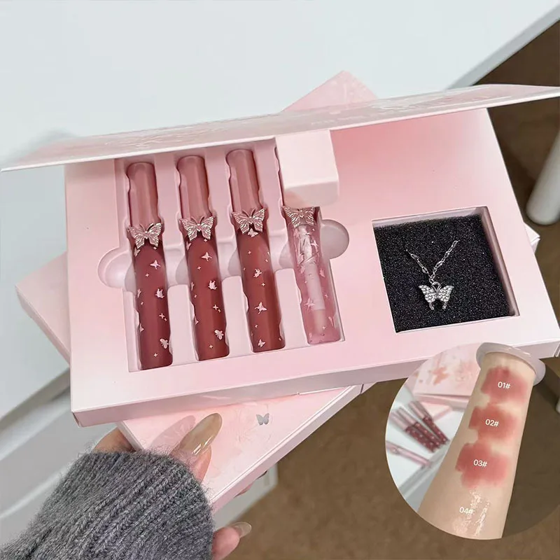 Feather Butterfly Soft Gloss Lippen-Make-up-Set, matt, matt, Herbst- und Winteratmosphäre, weiße Halskette, Lippenschlamm-Set