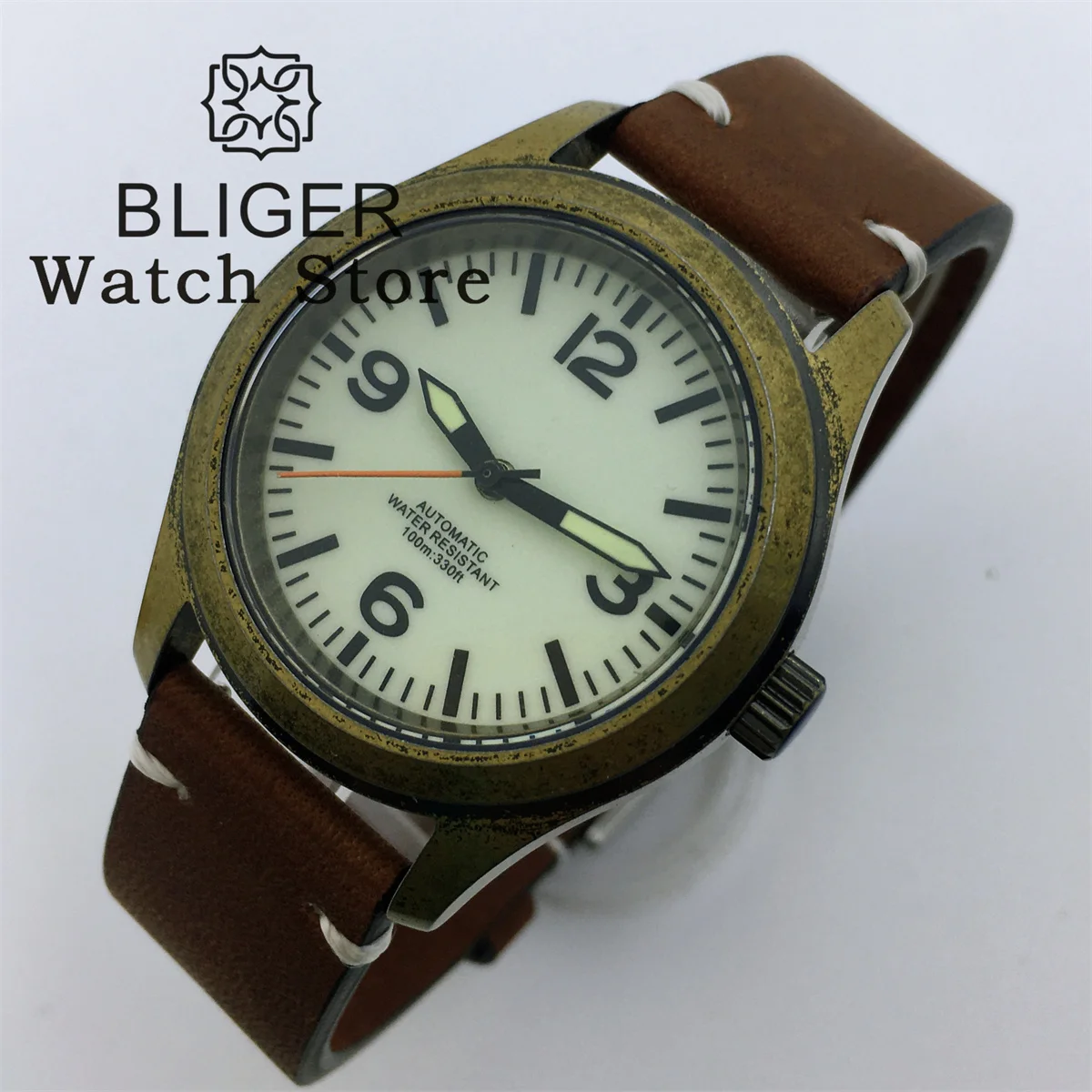 BLIGER 36mm 39mm Vintage Bronze NH35A Automatic Dive Pilot Men\'s Watches Sapphire Glass Luminous Dial Leather Strap Screw Crown