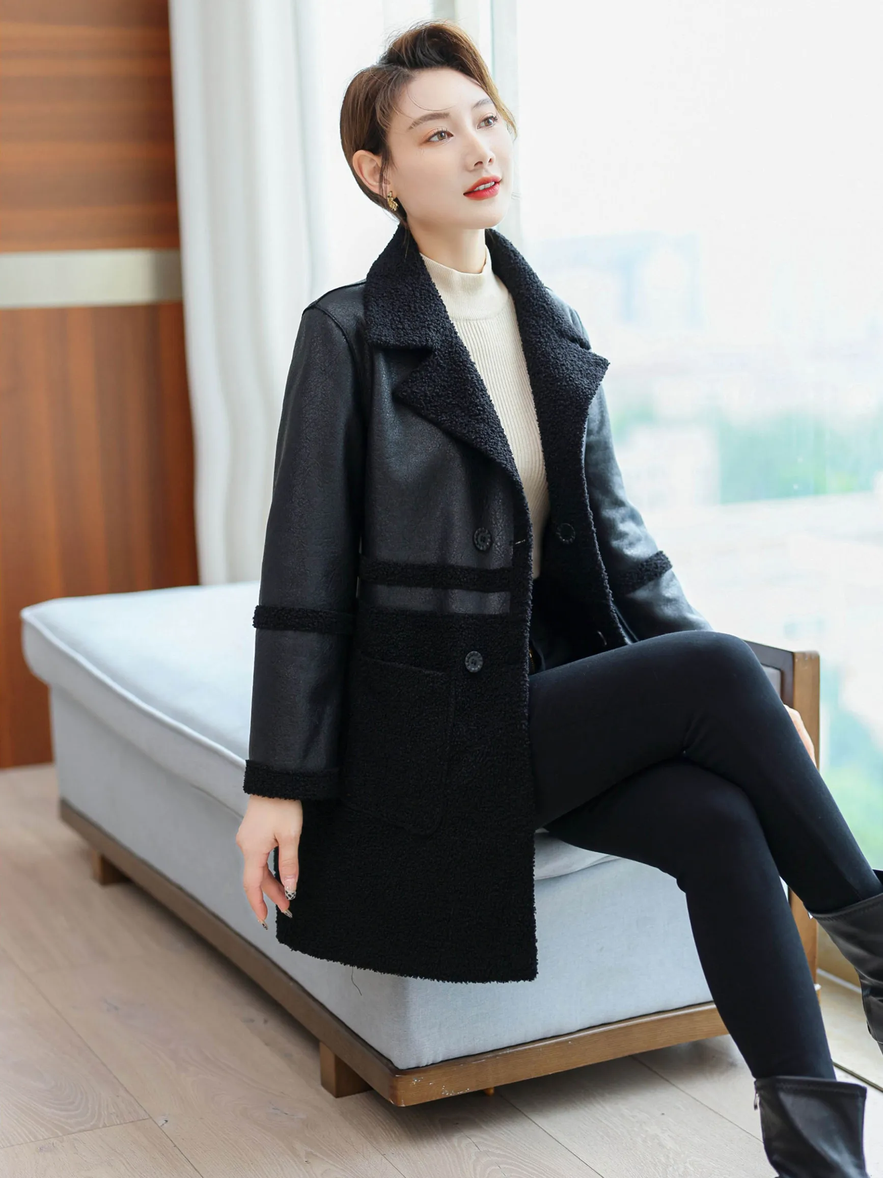 Plus Size Reversible Women Winter Faux Sheepskin Coat Turn-down Collar Pocket Lambskin Leather Long Coat 6XL Lady Wool Fur Coat