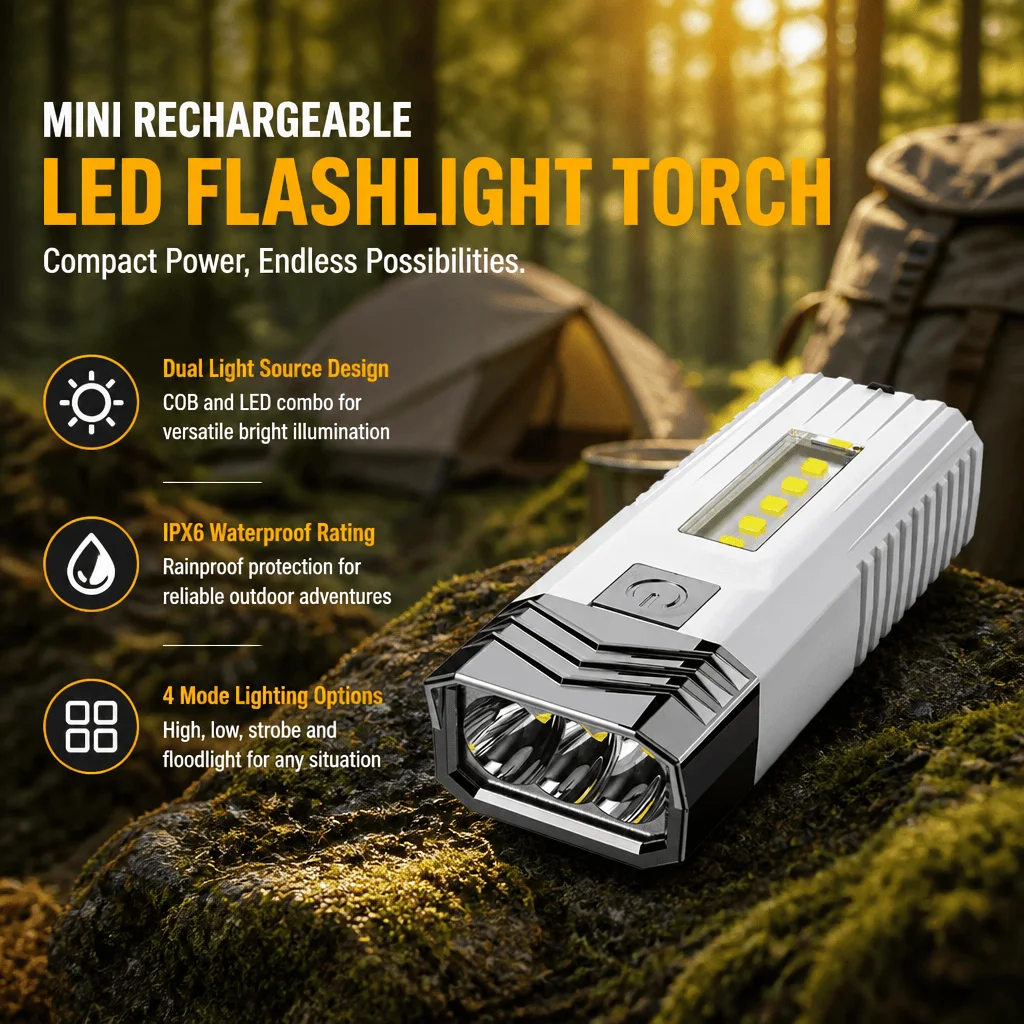 LED Flashlight Rechargeable Mini Torch COB Work Light USB IPX6 Waterproof Portable Camping Lamp Outdoor Emergency Light 4 Modes
