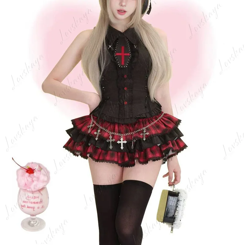 Summer Women 2 Piece Set Cross Sleeveless Fitted Top Plaid Spliced Tiered Mini Skirt Fashion Outfit