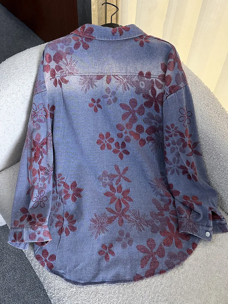 2025 Autumn Heavy Industry New Floral Rhinestone Tie-Dye Long Sleeve Denim Shirt Jacket for Women, Loose Casual Style Top Coat view 4