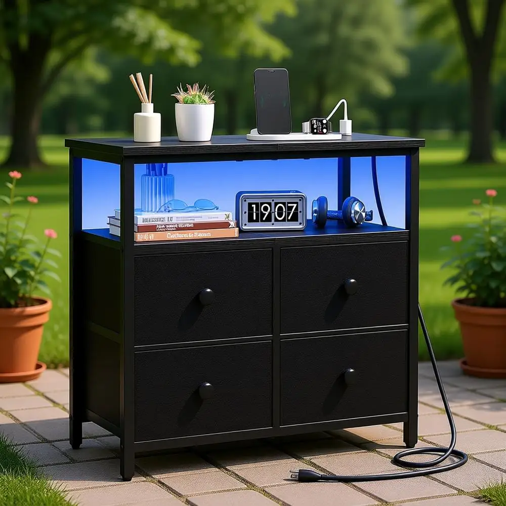 

3-Tier Wood Nightstand with LED Light and Storage for Bedroom