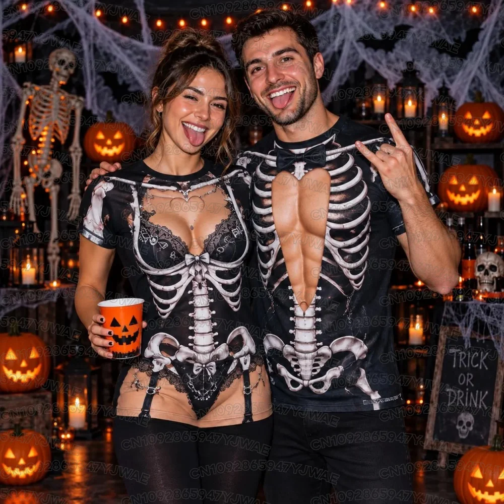 Sommerliches Skelett-Cosplay-Kostüm für Damen und Herren, gruseliges Party-Outfit, 3D-Knochengrafik, Fake-Brust, Halloween-Party-Kostüm, Paar-T-Shirt – Detail 7