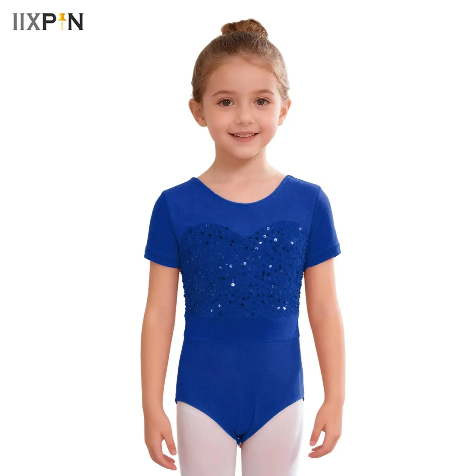 

Kids Girls Ballet Practice Dance Leotard Round Neck Short Sleeve Shiny Sequins Velvet Patchwork Press Buttons Crotch Bodysuit