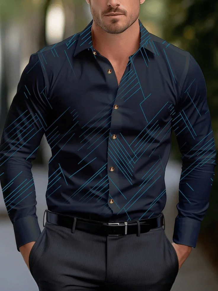 Men\'s shirt regular lapel shirt men\'s 3d printing triangle geometric printing casual street long sleeve fashion printed shirt