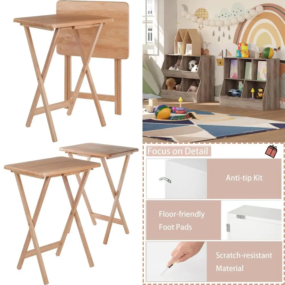 Folding Wooden Snack Tables Duo: Rectangular Trays for Serving Food, Drinks, and More