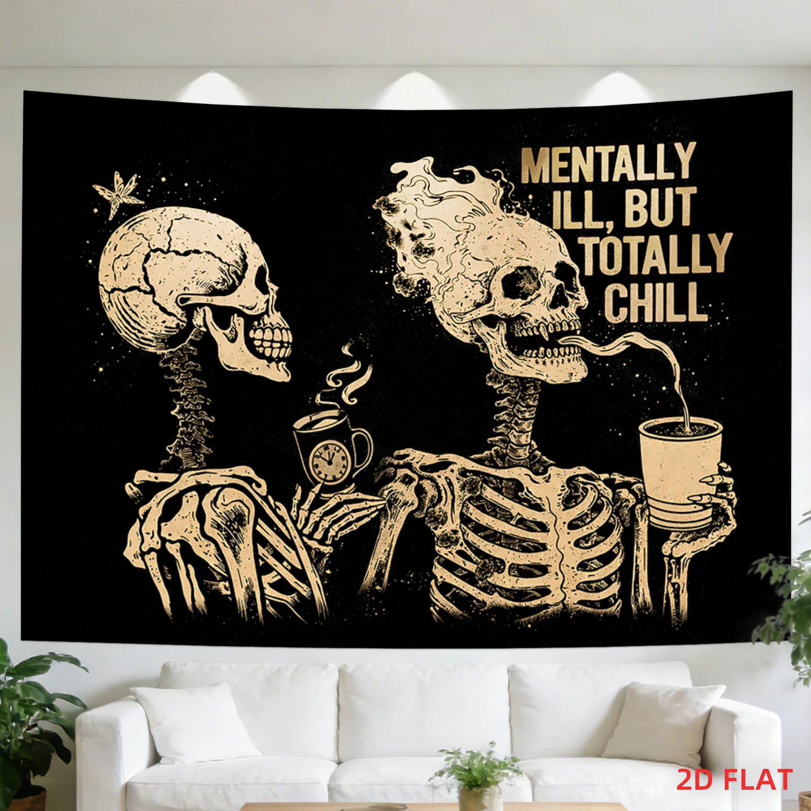 VIKAMA Dark Style Skeleton Coffee Tapestry Vintage Vintage Vintage Vintage Mentally But Completely Chill Halloween Horror