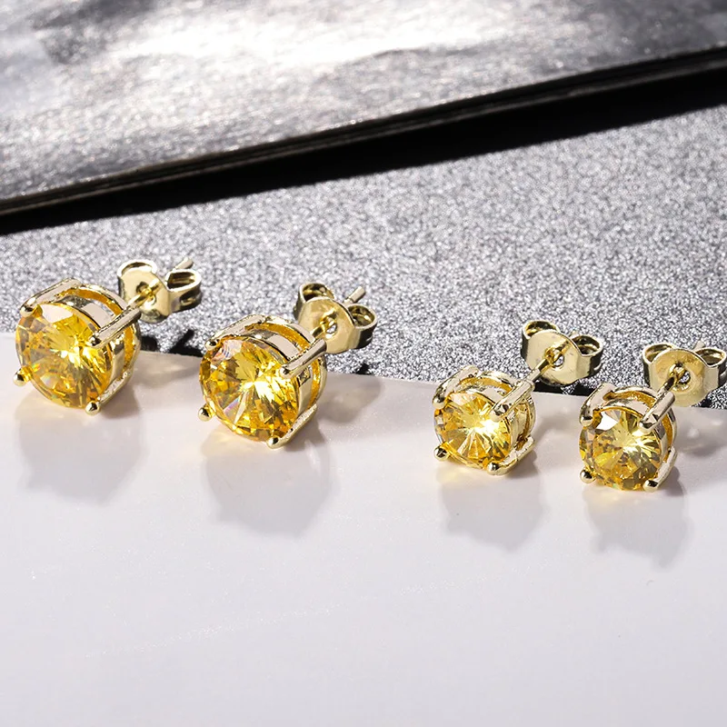 Yellow Crystal Round Stone Earrings Classic Four Claw Small Stud Earring For Women Vintage Fashion Gold Color Birthstone Jewelry