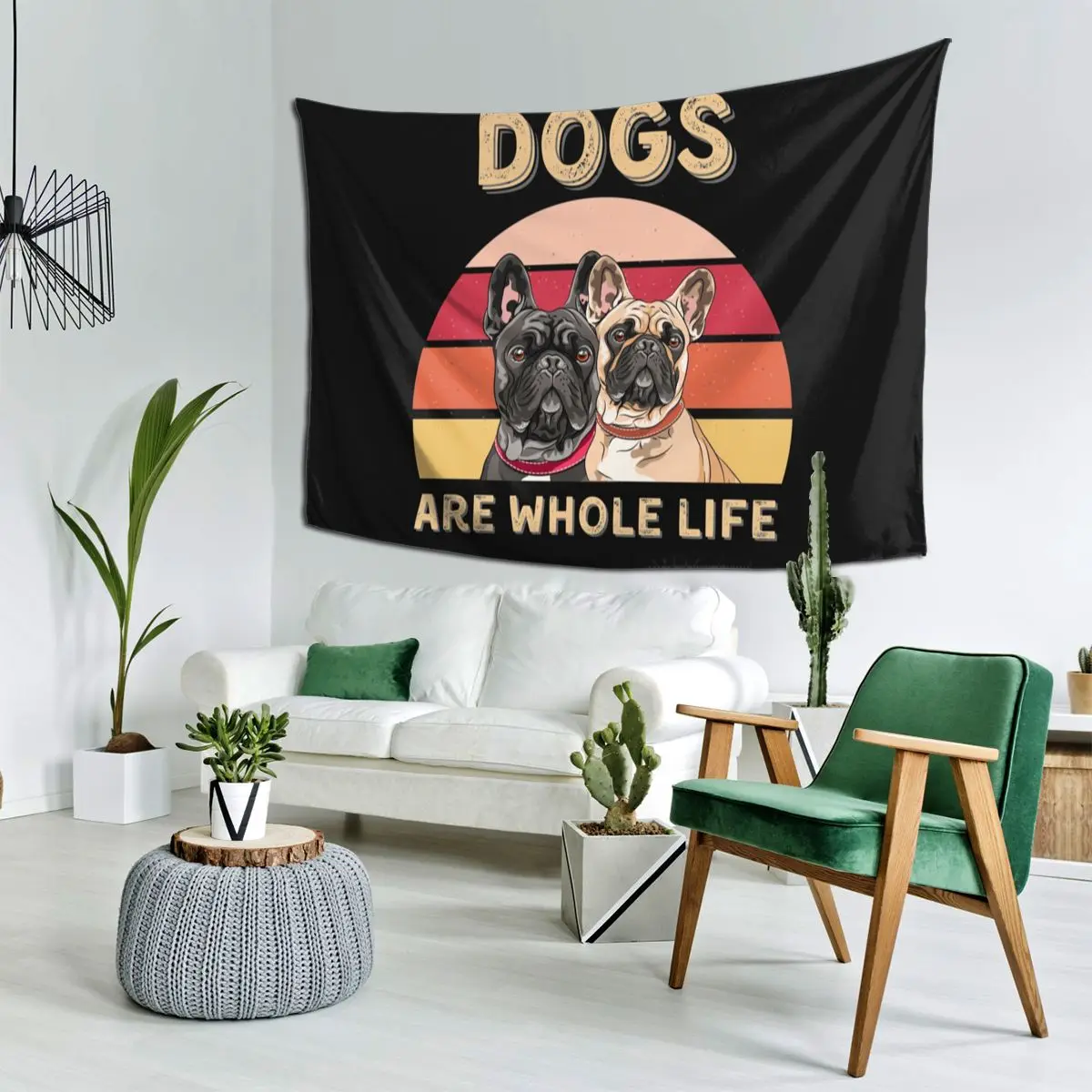 Dogs Are Whole Life With French Bulldog , Dogs Sticker Tapestry Hippie Wall Hanging Aesthetic Home Decor Tapestries for Bedroom