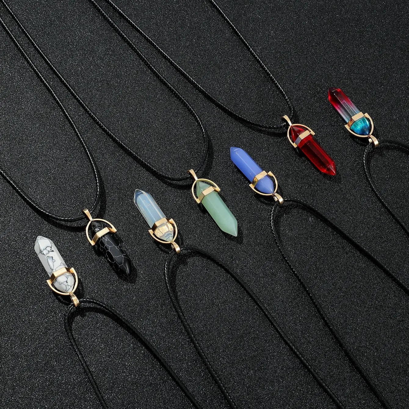 7pcs Hexagon Pillar Quartz Necklace Set with Leather Chain