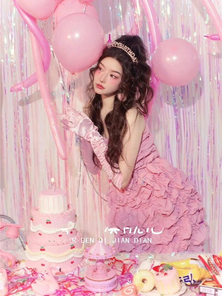 

Pink Bridesmaid Dress Personal Photography Studio Birthday Theme Sweet Girl Folded Skirt Tube Top Polyester Fabric Women's Cl...