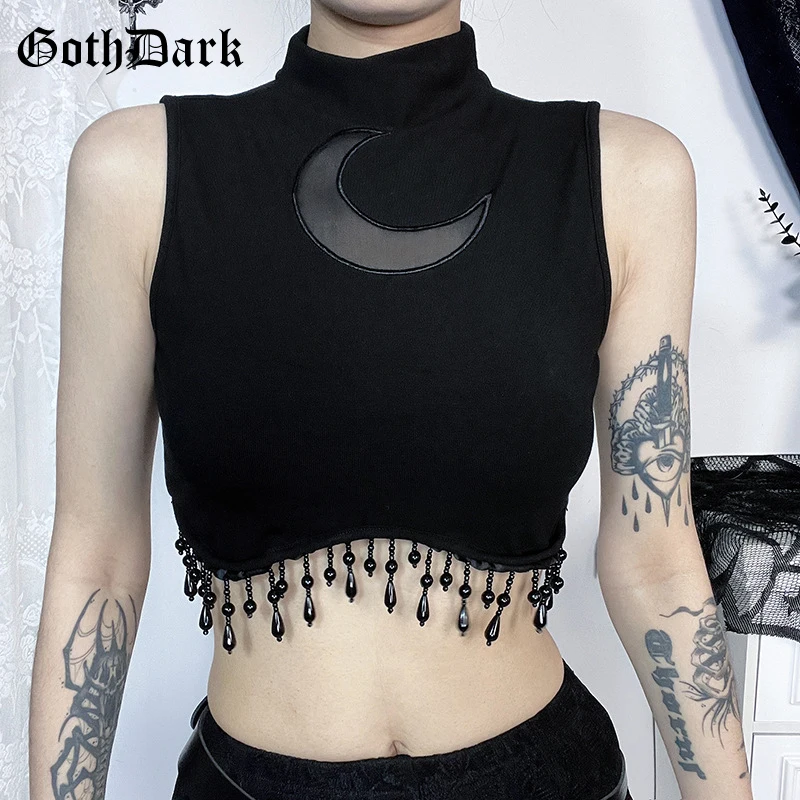 Goth Dark Cyber Y2K Skinny Turtleneck Tank Top Sexy Moon Chain Tassel Sleeveless Crop Tops Gothic Women Punk Streetwear Alt Vest