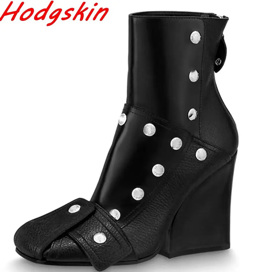 Novelty Button Toe Women Boots Mixed Colors Zipper High Wedges 2024 Newest Runway Show Fashion Leather Ankle Boots