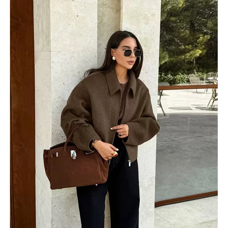 

Autumn and winter fashion lapel long-sleeved zipper woolen coat 2024 European and American loose casual jacket