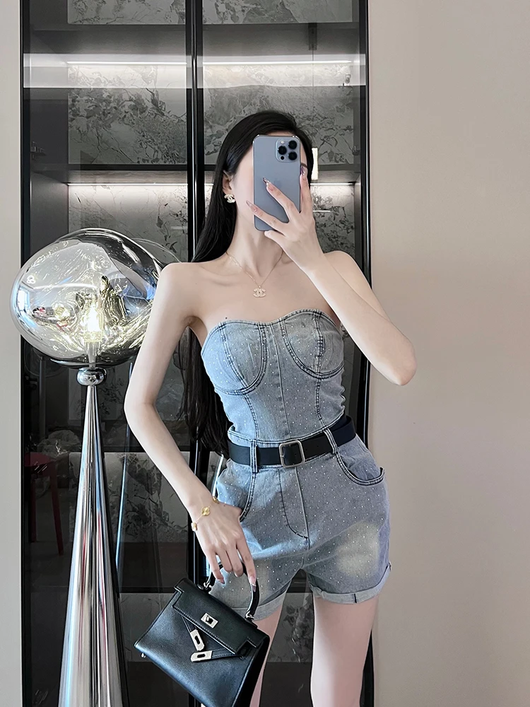 

Новые женские тяжелые джинсовые комбинезоны со стразами, цельные брюки на бретельках небольшого размера с высокой талией и широкими штанинами