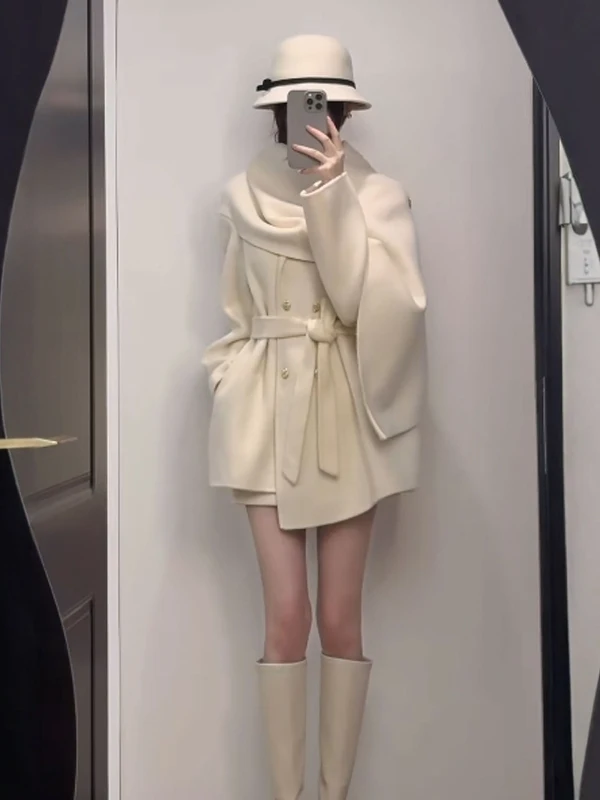 

Korean Sle Soft Wind Coat Belted Waist Tweed Jaet ular This Year's Winter Long Sve Pure Color Anti-Stain