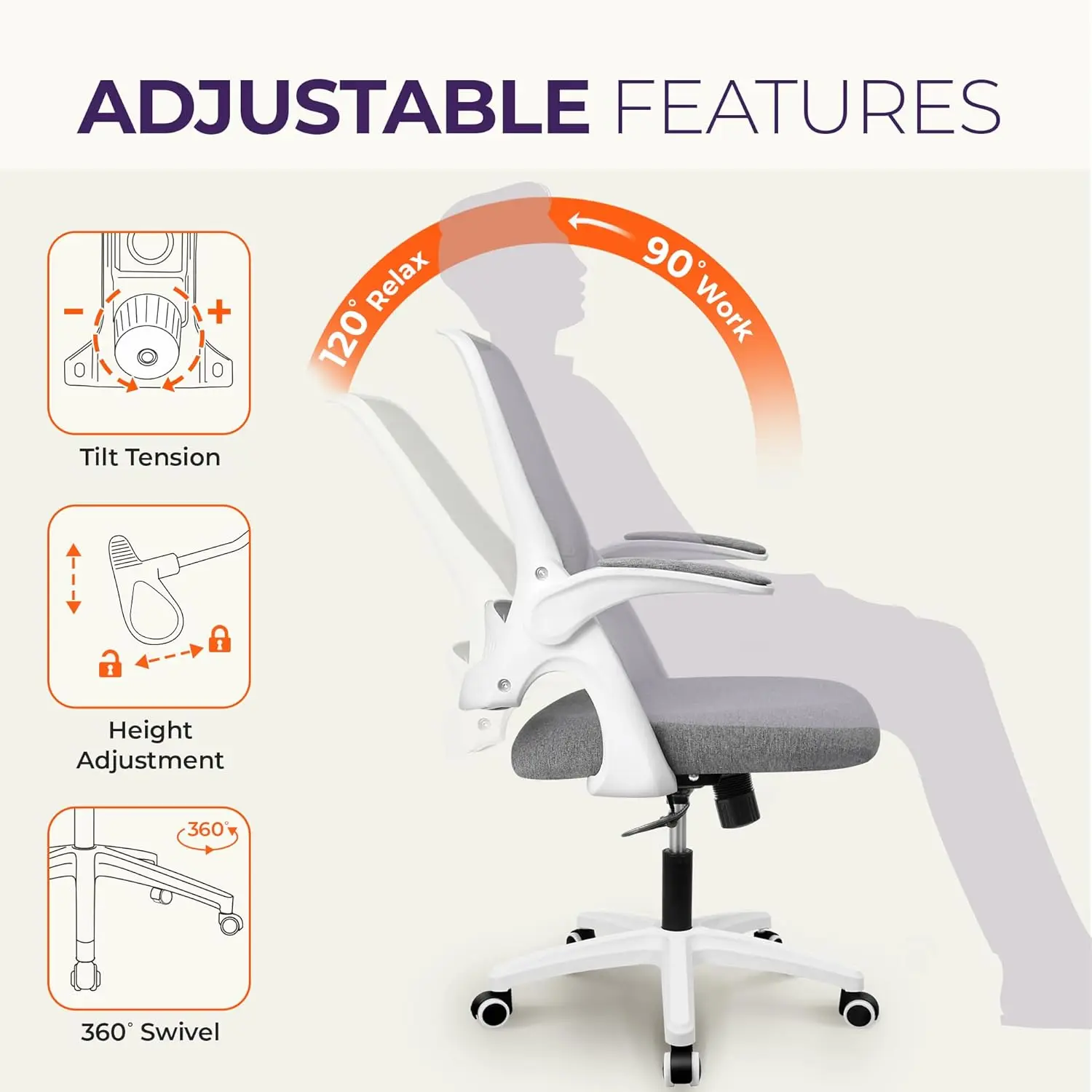 Office Desk Gaming Ergonomic Computer Chair with Lumbar Back Support Adjustable Height Swivel Rolling Wheels Flip-up Arms Mesh C view 5