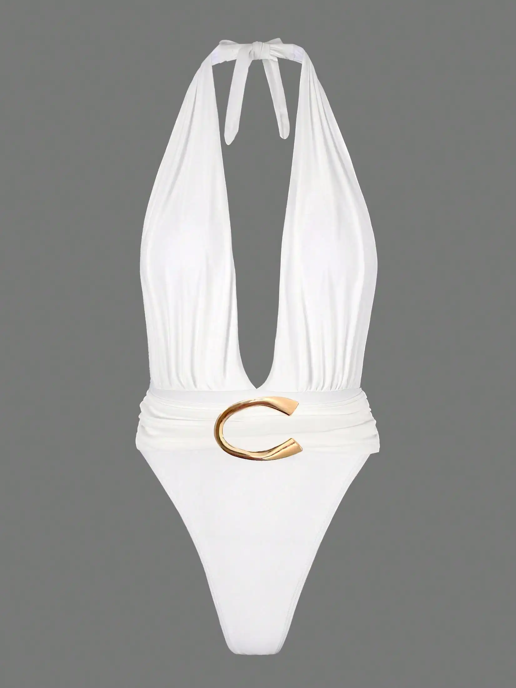 

Шикарный женский слитный купальник с глубоким V-образным вырезом и золотистым поясом-пряжкой, белый пляжный купальник