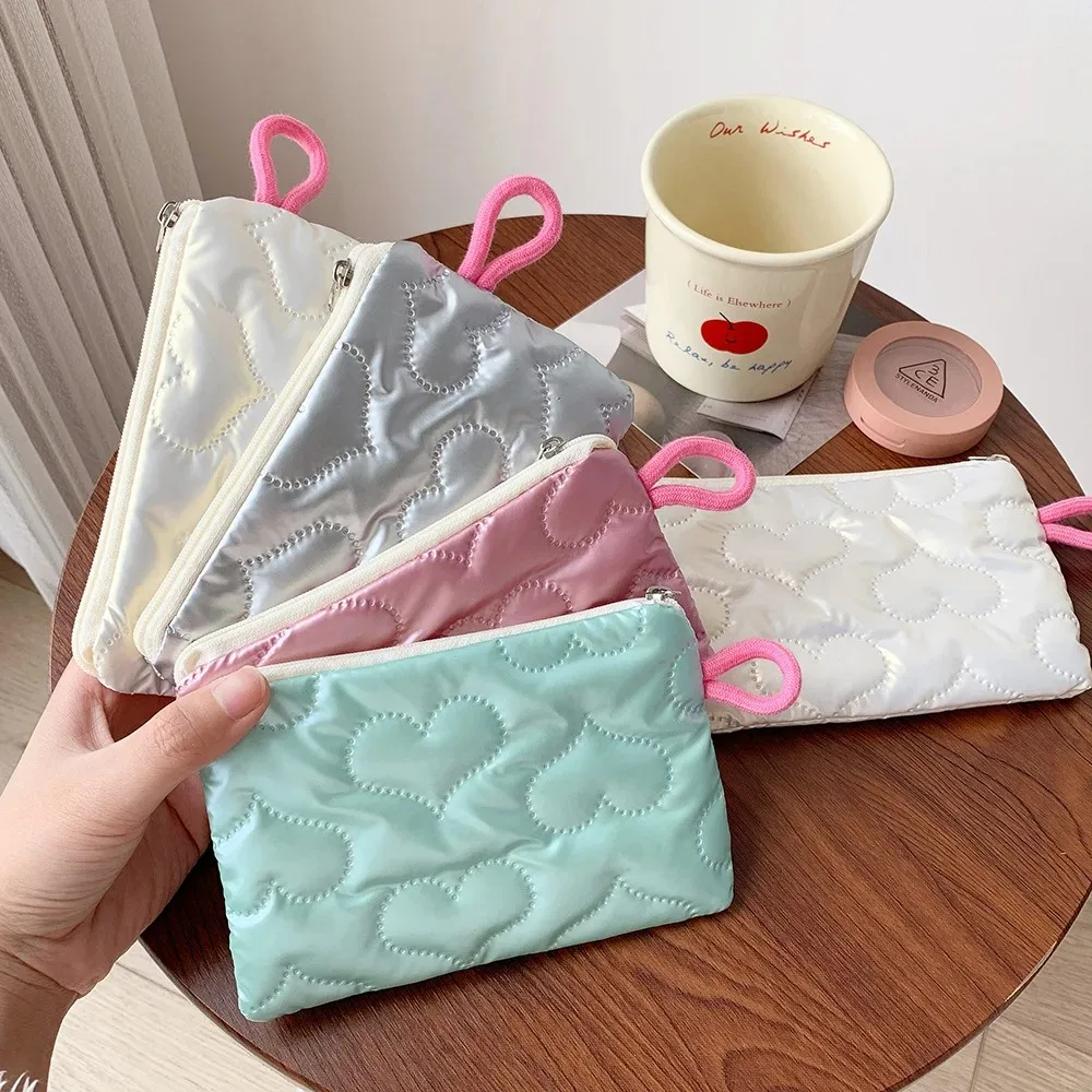 Woman Bow Silver Love Heart Embossed Coin Purses Girls Makeup Bag Cosmetic Bag Coin Pouch Cute Purse Earphones Card Clutch Bag
