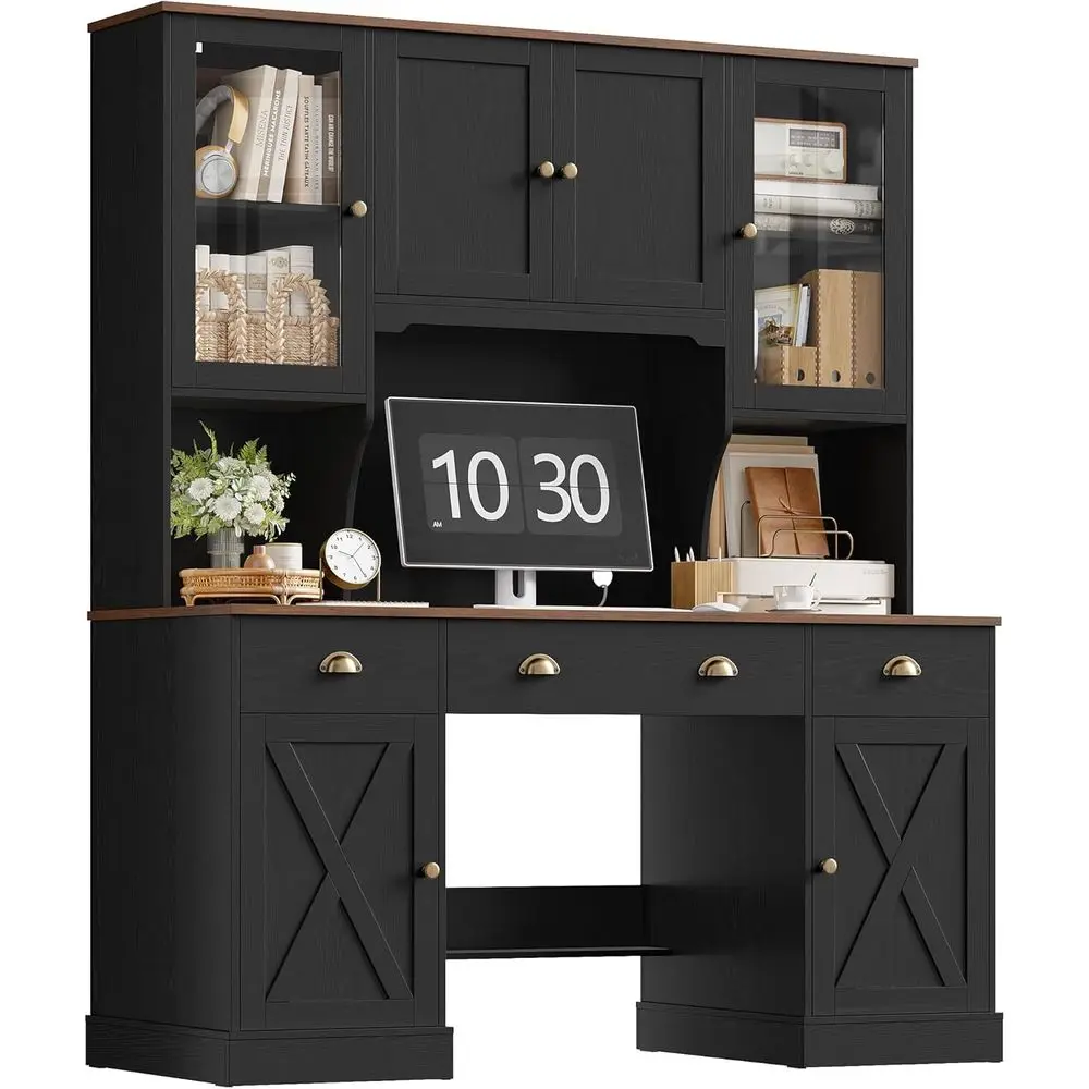 

75 Inch Executive Desk with Hutch, Glass Door Computer Desk, 63 Wide Large Writing Desk for Home Office or Gaming, Black