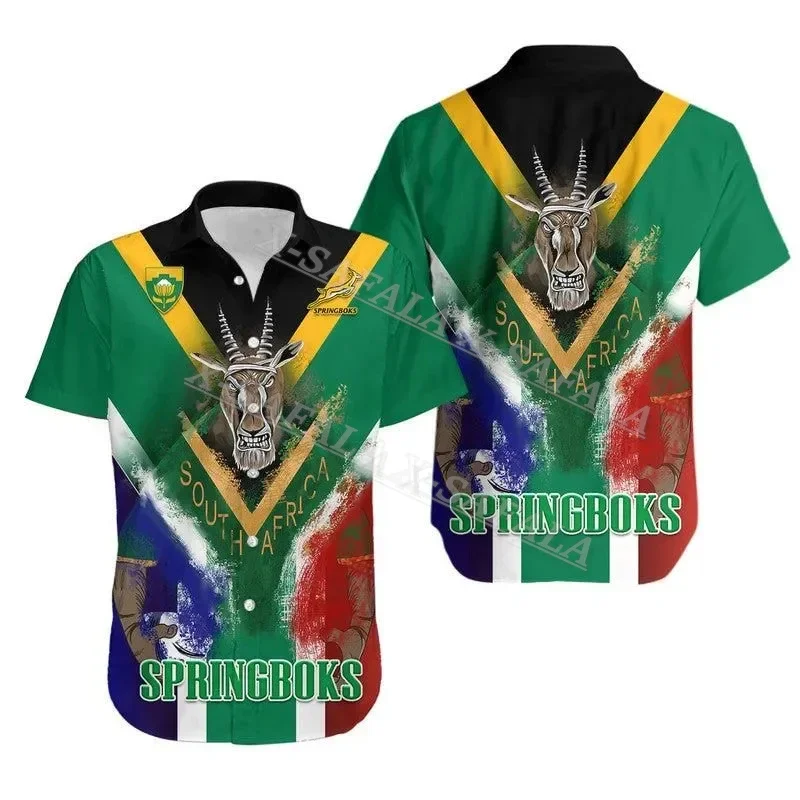 

South Africa Springbok Rugby Flag Unisex 3D Print Men Hawaiian Beach Shirt High Quality Button Fashion Short Sleeve Tops-3