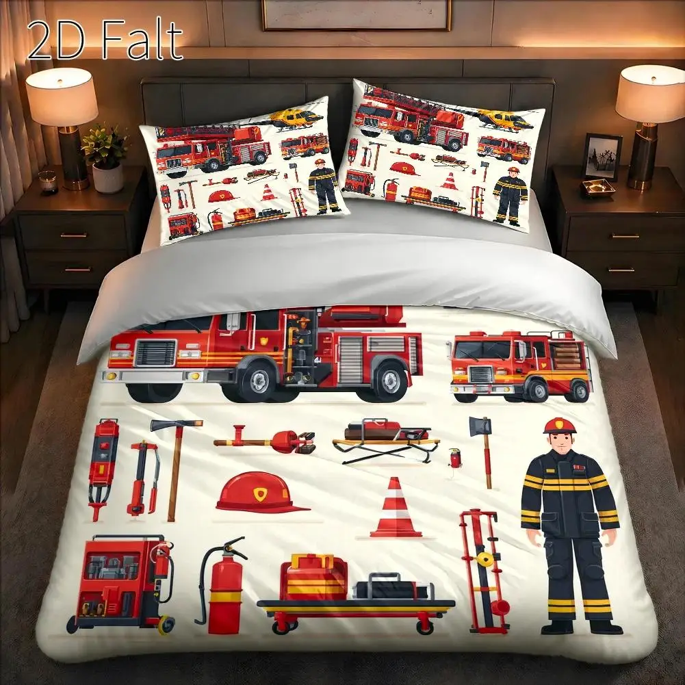 3-Piece Quilt Cover Set, 1 Quilt Cover + 2 Pillowcases (Without Filling) 2D Flat Printing, Firefighter Rescue Theme, Flat Cartoon Style, Firefighter Day, Suitable for All Seasons, Machine Washable, Invisible Zipper, Large Quilt Cover Set, Bedding Set, Skin-Friendly and Breathable, Soft and Comfortable, Does Not Fade or Pill, Home Use
