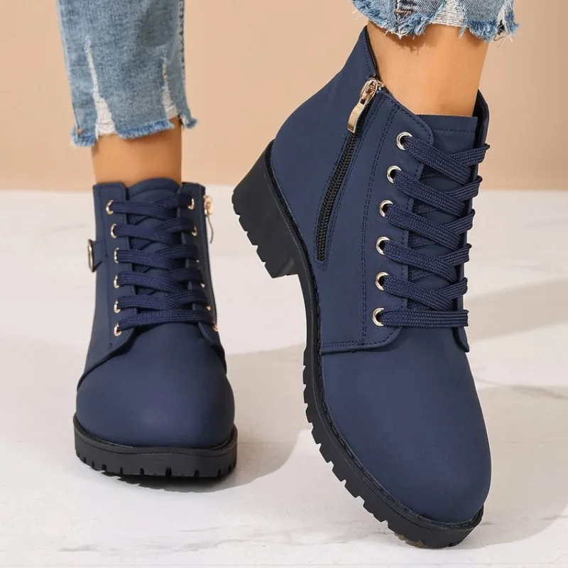 Women's Ankle Boots Round Toe Low Heel Lace-Up Side Zipper Buckle Decor Everyday Daily Walking Reliable Comfortable Footwear