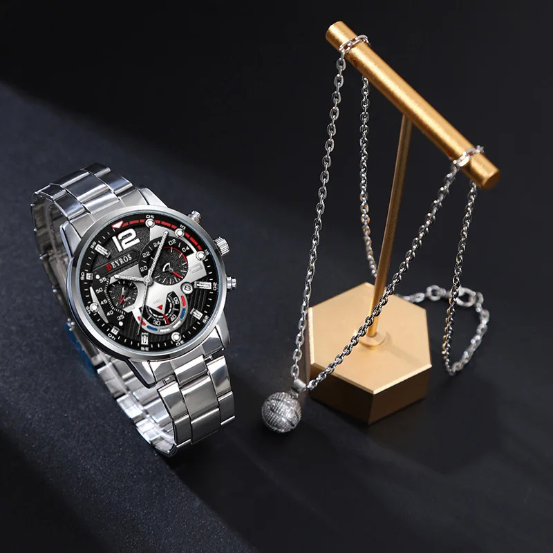 

2 Pcs/Set Casual Sports Men's Watch Set Alloy Dial Strap Quartz Movement Men's Watch Basketball Necklace Ideal for Gift Giving