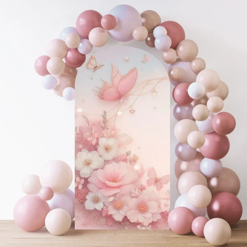 

Mehofond Pink Flower Butterfly Chiara Arch Backdrop Bridal Shower Wedding Princess Birthday Party Photo Prop Wall Decoration