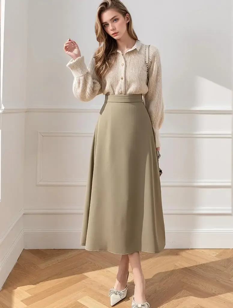 

Поп-новое поступление, женская юбка-миди цвета хаки для женщин, осенние элегантные модные офисные юбки трапециевидной формы, женские