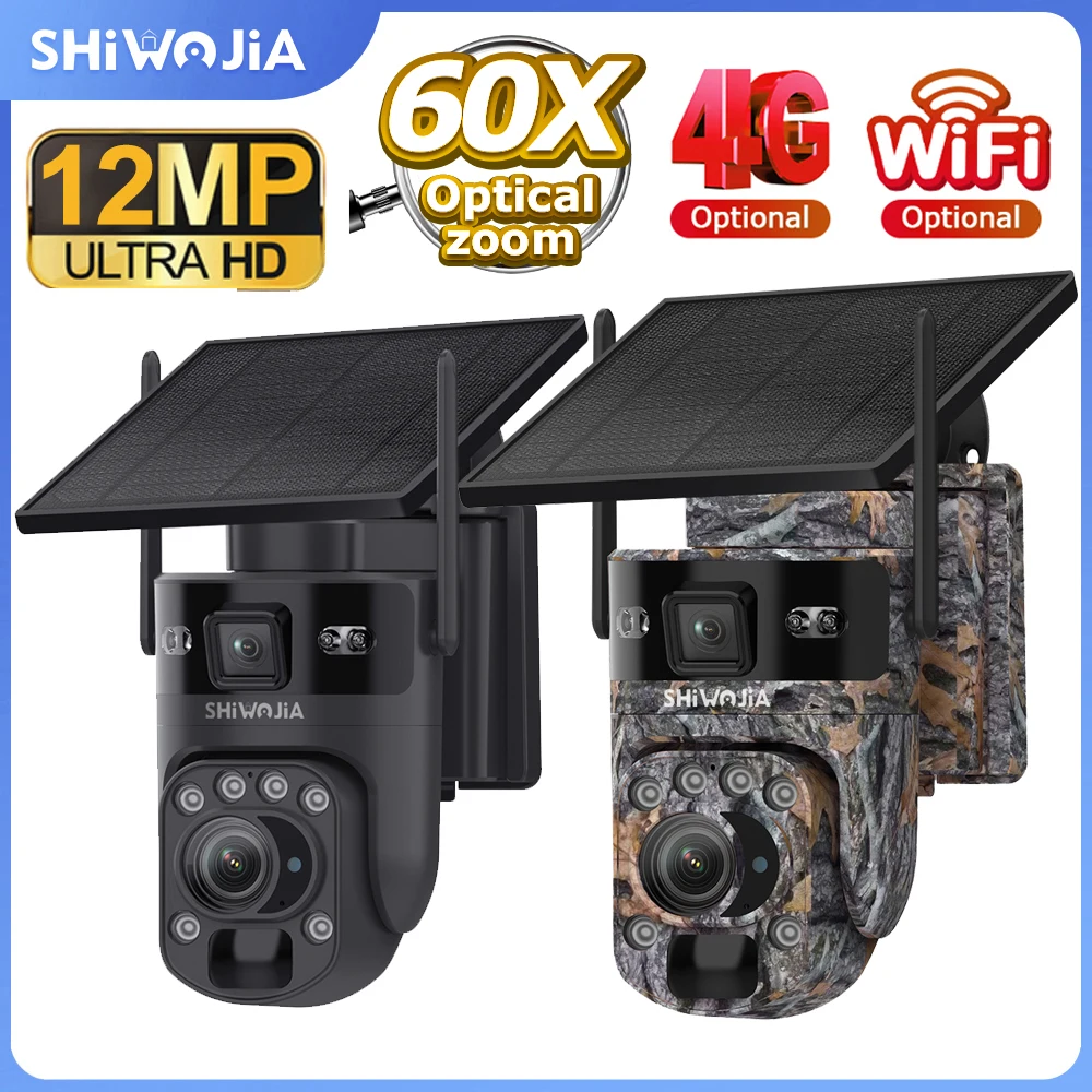 

SHIWOJIA 12MP 60X ZOOM Optical Dual Lens 4G Solar Security Camera Outdoor Camouflage Surveillance PIR Motion Detection Ubox APP