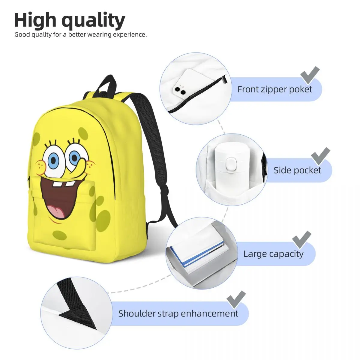 Hiking Squarepants Face Portrait Sturdy Shoulder Harajuku Design SpongeBob Daypack For Women Daypack Birthday Gift