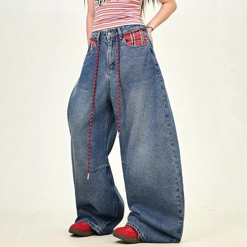 

Retro Red Plaid Wide Leg Distred Denim Jeans Women's Loose Fit Patchwork Vintage Sle Commute Faion PU Material