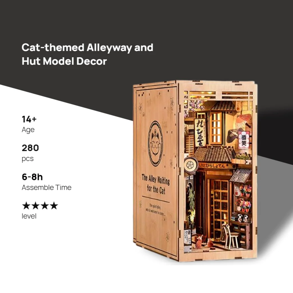 OUZEY 북 누크 DIY 키트 - 고양이 애호가를 위한 고양이 피규어가 포함된 '골목 고양이의 길' 미니어처 하우스 모델, 창의적인 선반 장식 선물