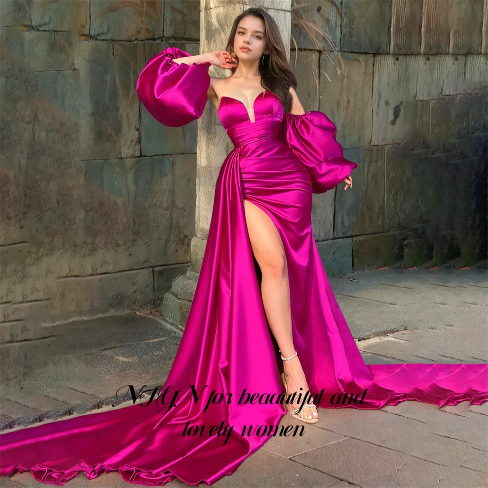 

NFYN Fuchsia Long Stain Prom Dress Off the Shoulder Sweetheart Night Dress Pleat Evening Gown Dresses with High Split Customized