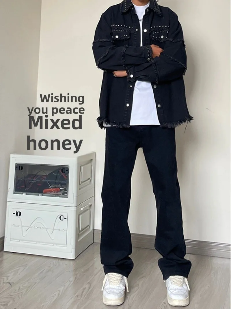 

Джинсы American Vibe Sle Elastic Straight Leg Slim Fit, мужские, модные, повседневные, молодежные, чисто черные, в стиле High Street