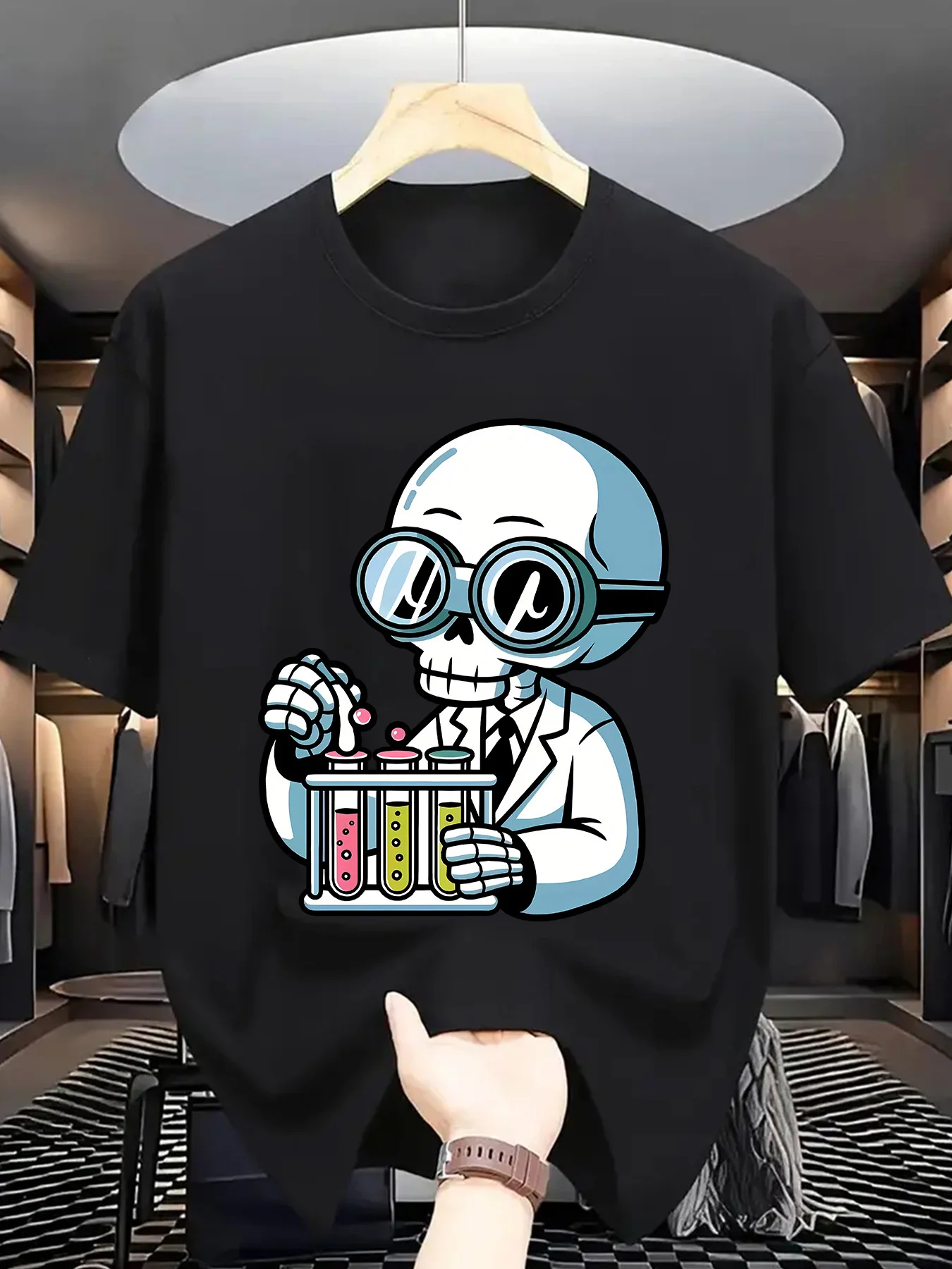Skeleton Scientist Mens Crew Neck T Shirt Cartoon Chemist Test Tube Goggles Lab Graphic Short Sleeve Casual Street Tops
