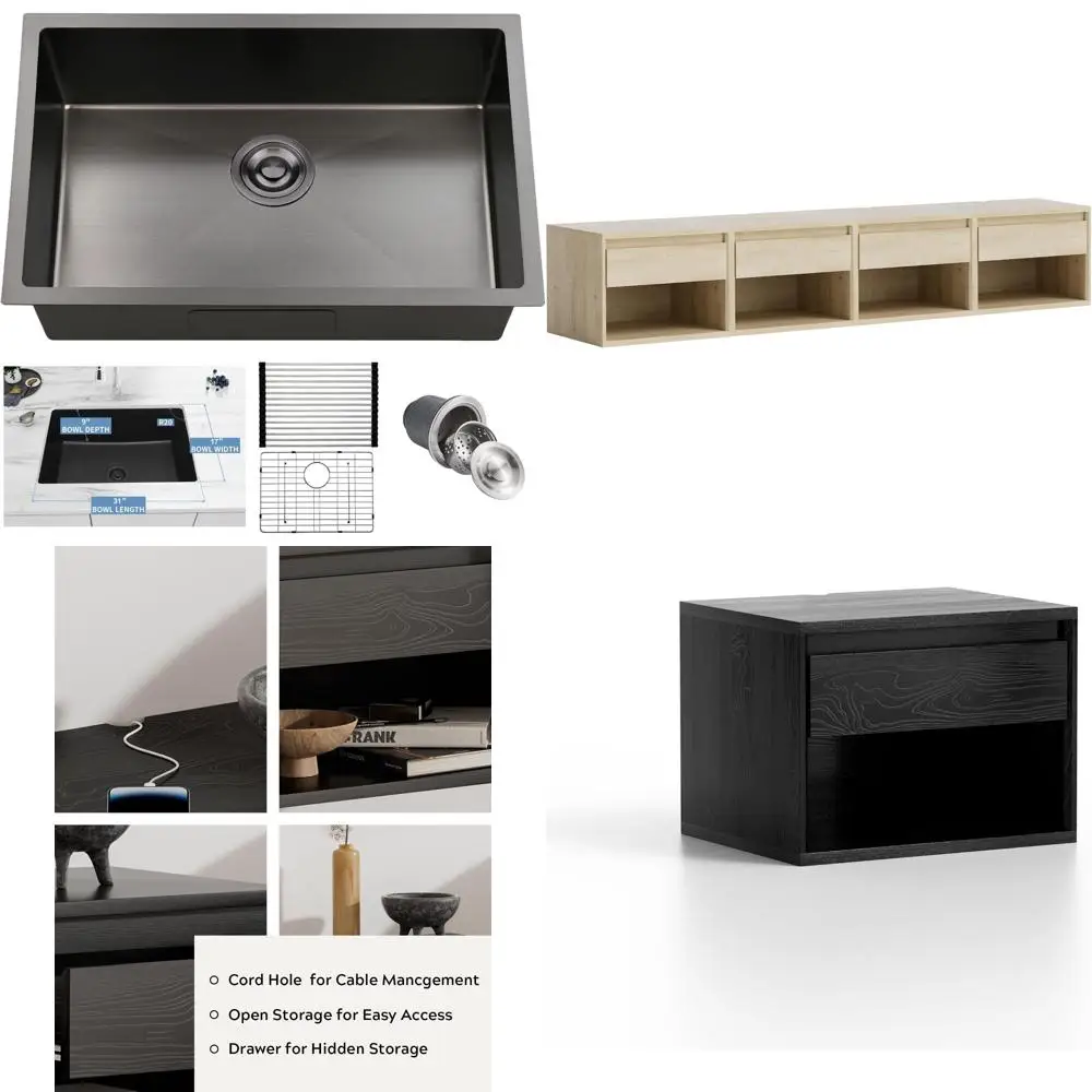 

Stainless Steel 33 Inch Undermount Single Bowl Kitchen Sink - 19x9 Inch Black-Grey Nano Black Finish with AC Technology for Dura