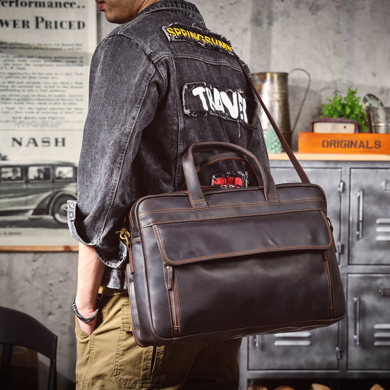 Vintage Echtleder Herren-Aktentasche 17" Laptop-Tasche, Messenger-Taschen für Arbeit und Business, Crazy Horse Rindsleder Handtasche – Detail 3