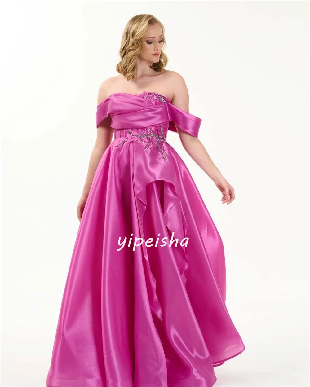 Customized Satin Applique Sequined Valentine\'s Day A-line Off-the-shoulder Bespoke Occasion Gown Long Dresses