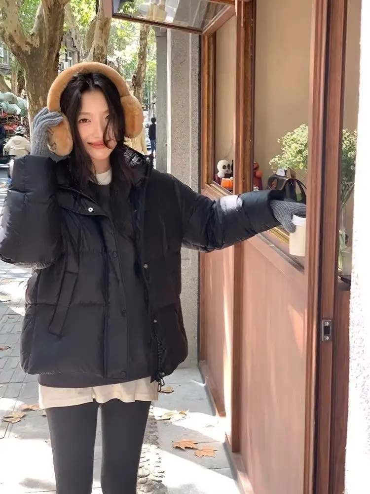 2026 Korean Fashion Women Faux Fur Collar Down Jacket Winter Warm Windproof Loose Puffer Parka Y2K Vintage Casual Outerwear Coat